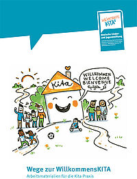 Auf dem Cover der Broschüre ist ein Kita-Haus gezeichnet, das lacht und von fröhlichen Menschen umgeben ist