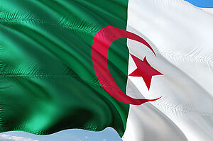 Eine algerische Flagge, grün und weiß mit rotem Halbmond, weht im Wind
