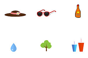 Die sechs Icons des Aushangs: Ein Sonnenhut, eine Sonnenbrille, eine Flasche Sonnencreme, ein Wassertropfen, ein Baum und zwei Getränkebecher