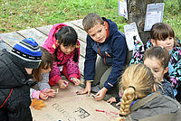 Kinder sitzen um ein großes Blatt papier herum und begutachten Fundsachen aus der Natur